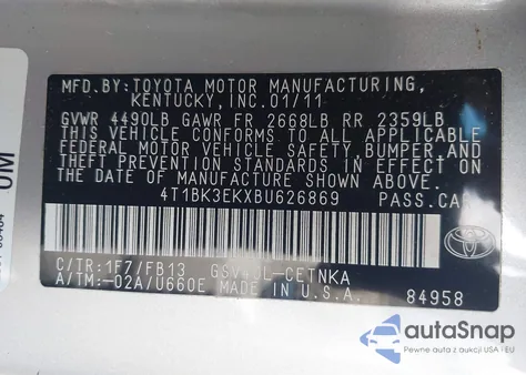 2011 Toyota Camry Le V6 z USA, uszkodzony, nr VIN 4T1BK3EKXBU626869